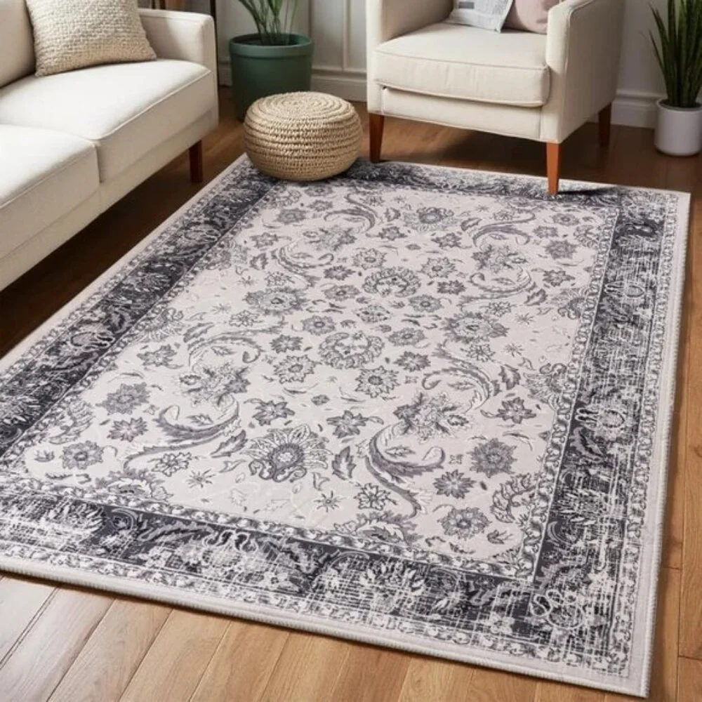 New 4x6 Grey Washable Area Rug, Non-Slip Low Pile Vintage Carpet for Home & Room